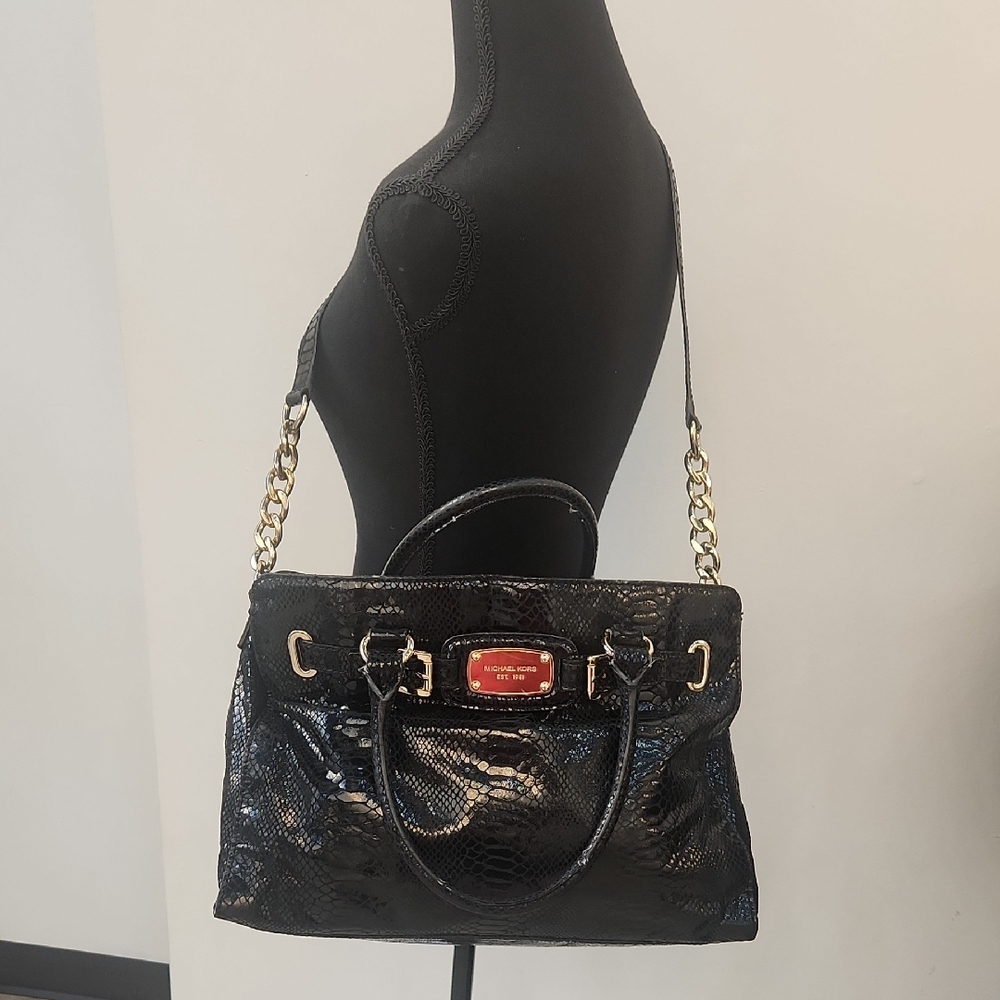 Michael Kors Hamilton Large Snakeskin Patent Leather Tote Bag Black Gold Hardwar